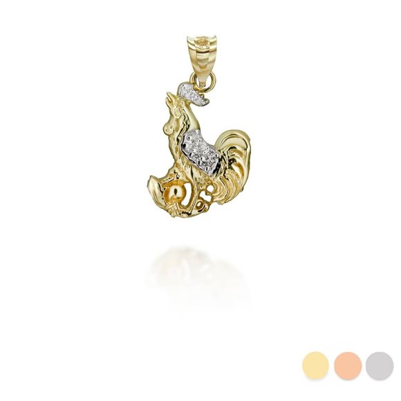 14K Solid Gold Chinese Lunar Year of the Rooster Diamond Pendant